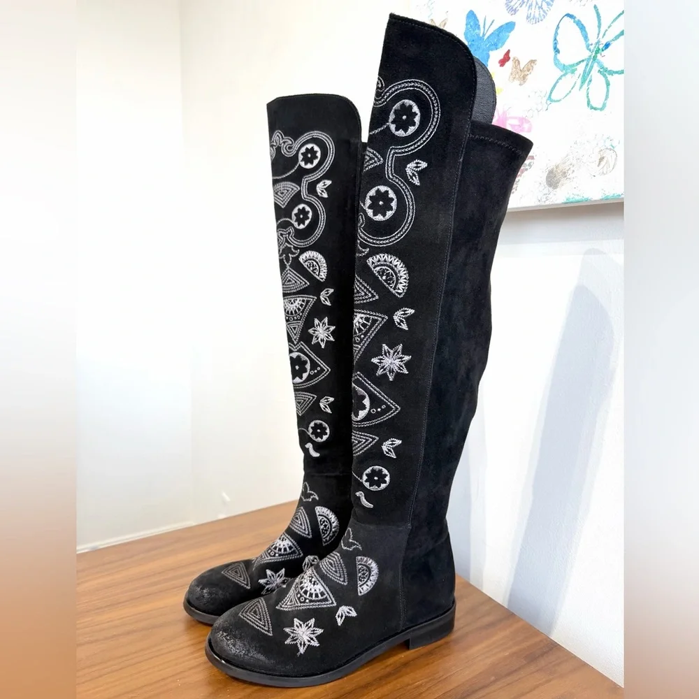 Sundance Suede Black Embroidered OTK tall boots